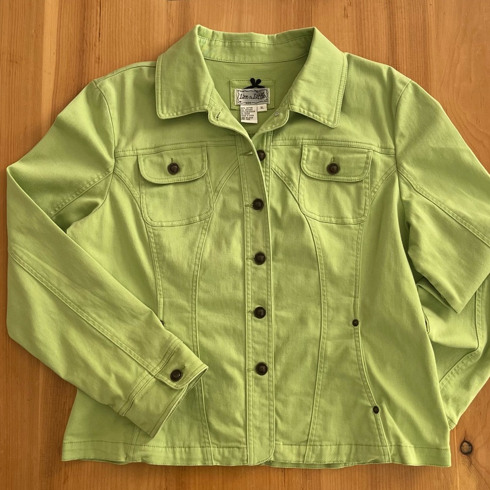 Live a Little Lime Green Denim Jacket XL Stretch Cotton Button Front